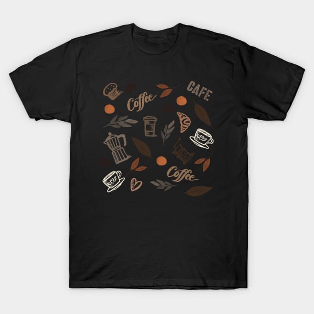 Coffee and Cafe style pattern design in coffee T-Shirt by Fiasco Designs